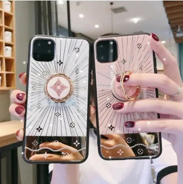 Gold diamond-style ring stand phone grip compatible with iPhone models, rose and white colour options