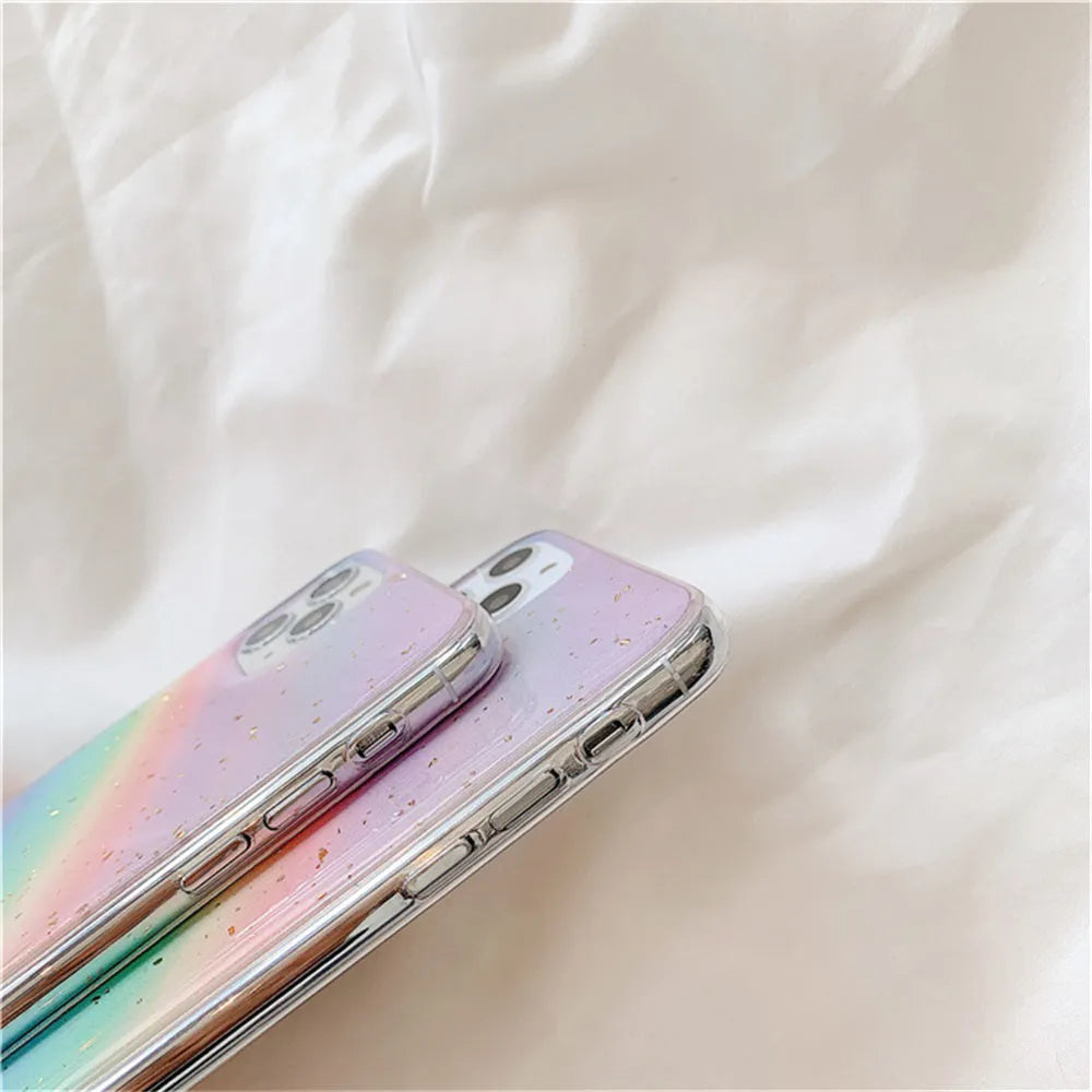 Rainbow gradient coloured TPU phone case with stripe design for iPhone models.