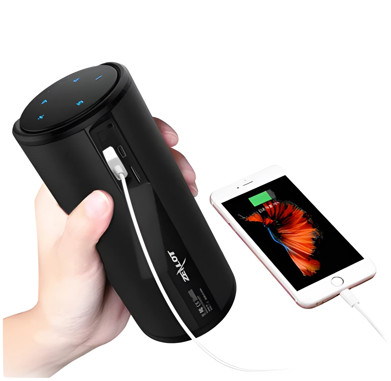 Portable Bluetooth speaker in black, blue, or red with compact 72x72x170mm dimensions
