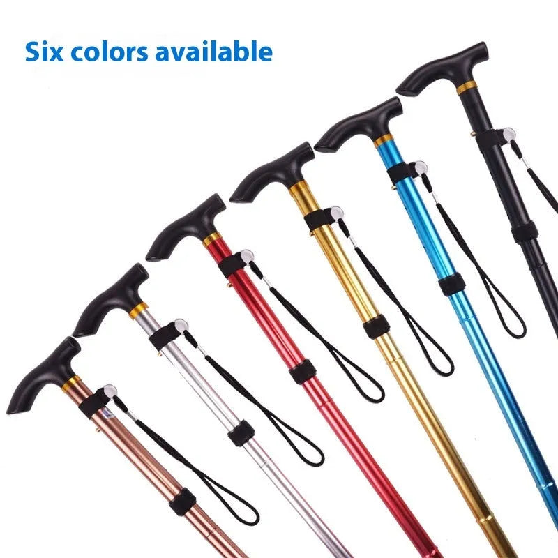 Aluminium alloy folding walking stick adjusted to show length, displayed in a choice of colours.