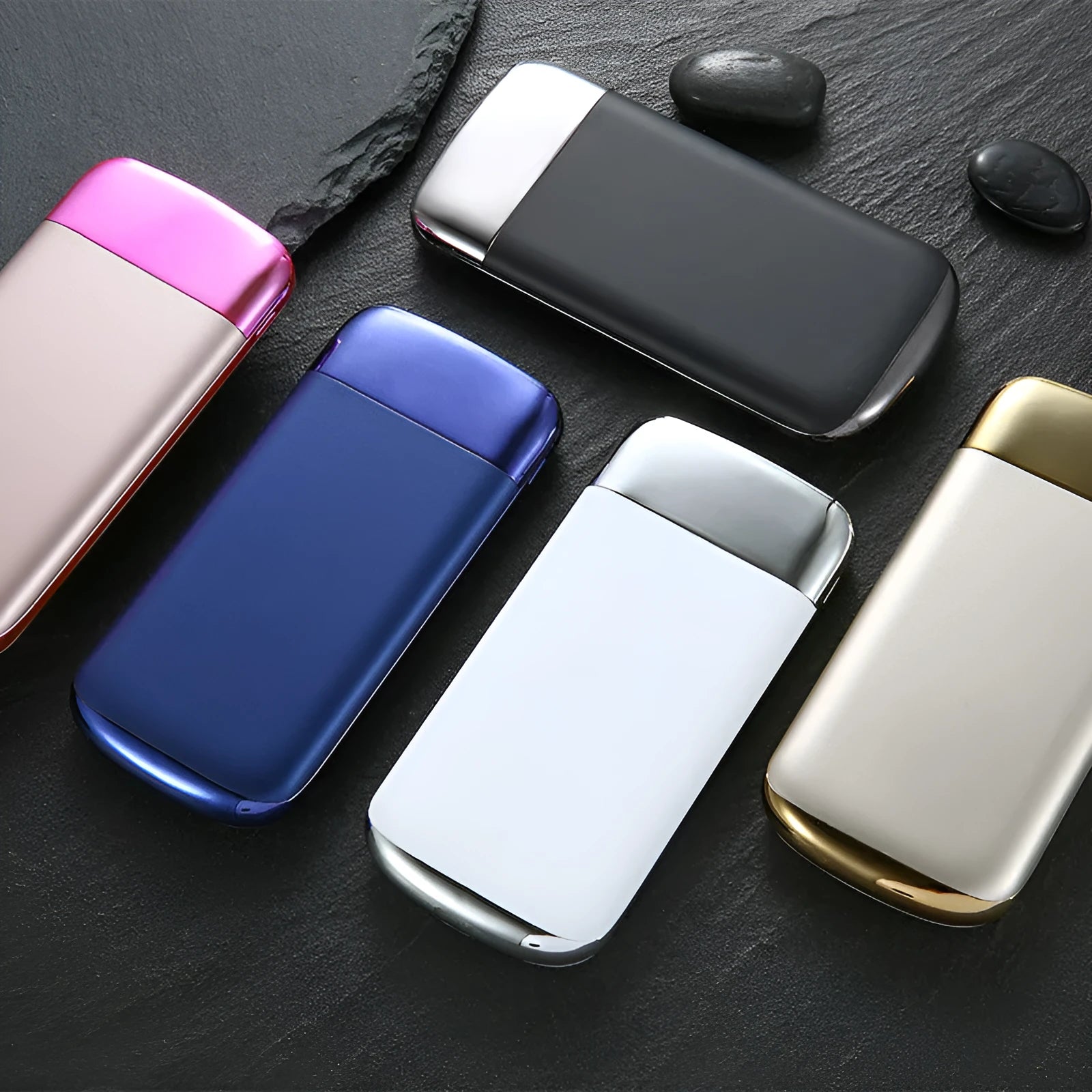 Portable 20000mAh LCD display power bank with dual USB ports and LED light in black