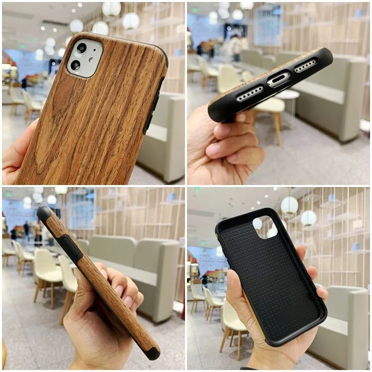 Wooden iPhone case with raised edge lip protection in natural bamboo or rosewood with visible grain patterns