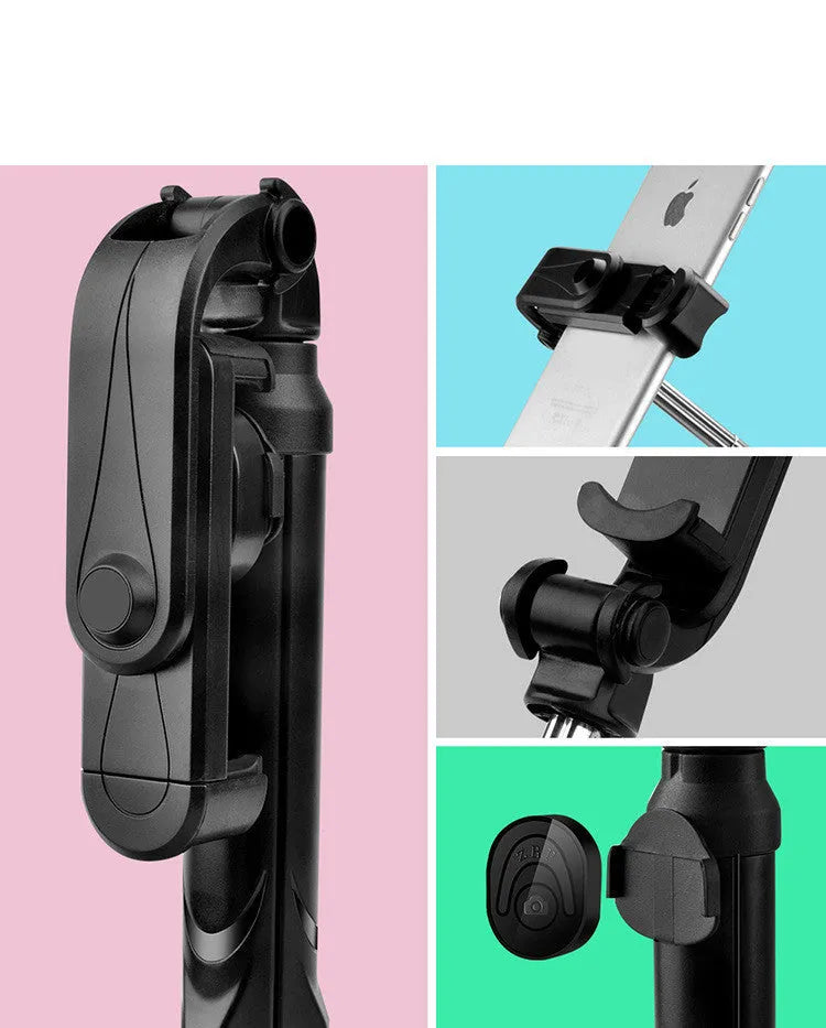 Bluetooth tripod selfie stand with 360° clip and anodised aluminium rod, extended as tripod