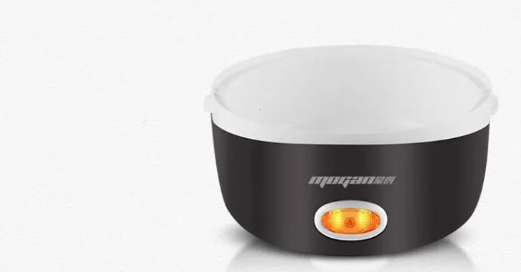 White 2L rice cooker with 200w power and 2-layer steaming option on a kitchen counter