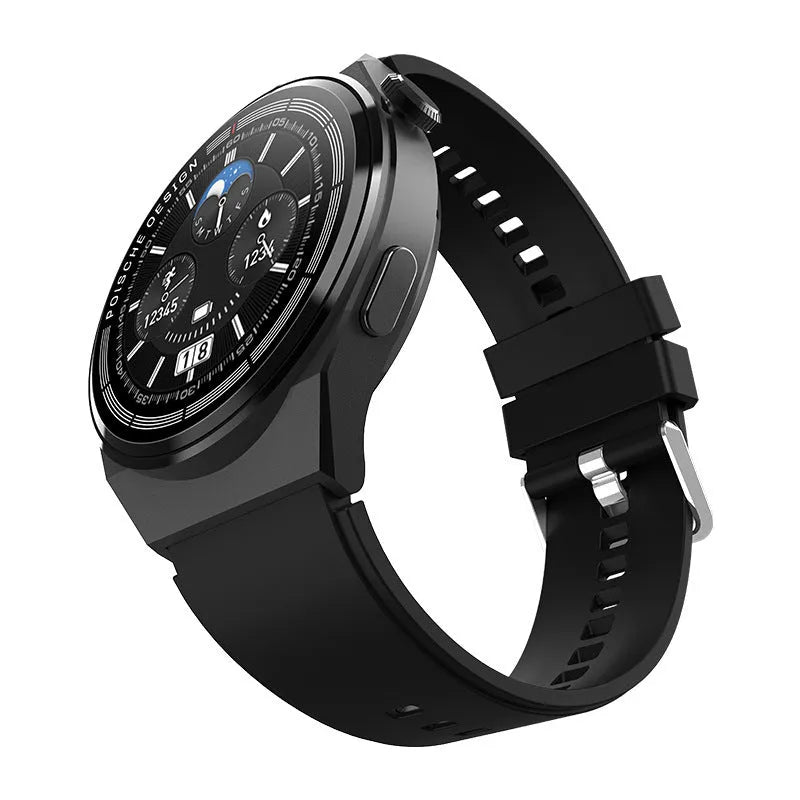 Black Bluetooth smartwatch with NFC payment, blood glucose monitor, and 1.39 inch circular tempered glass screen