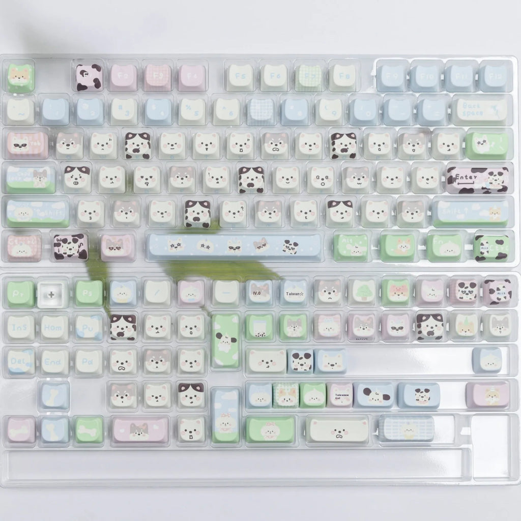 Cute puppy themed 26-key PBT plastic key cap set for mechanical keyboards with sublimated artwork