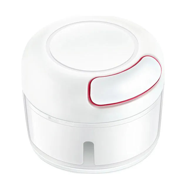 Manual cutting meat grinder with white plastic body and 304 stainless steel blade, compact size 8.5x7 cm