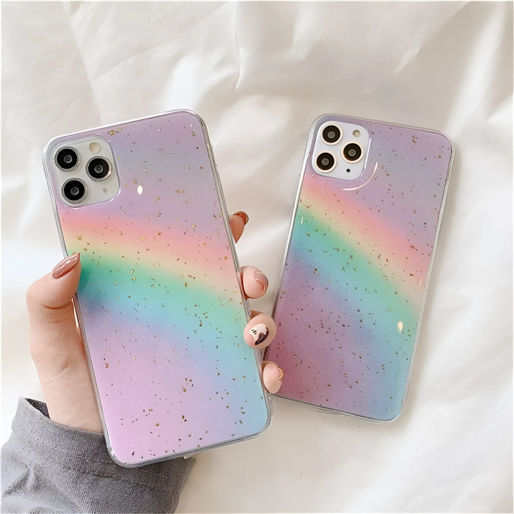 Rainbow gradient coloured TPU phone case with stripe design for iPhone models.