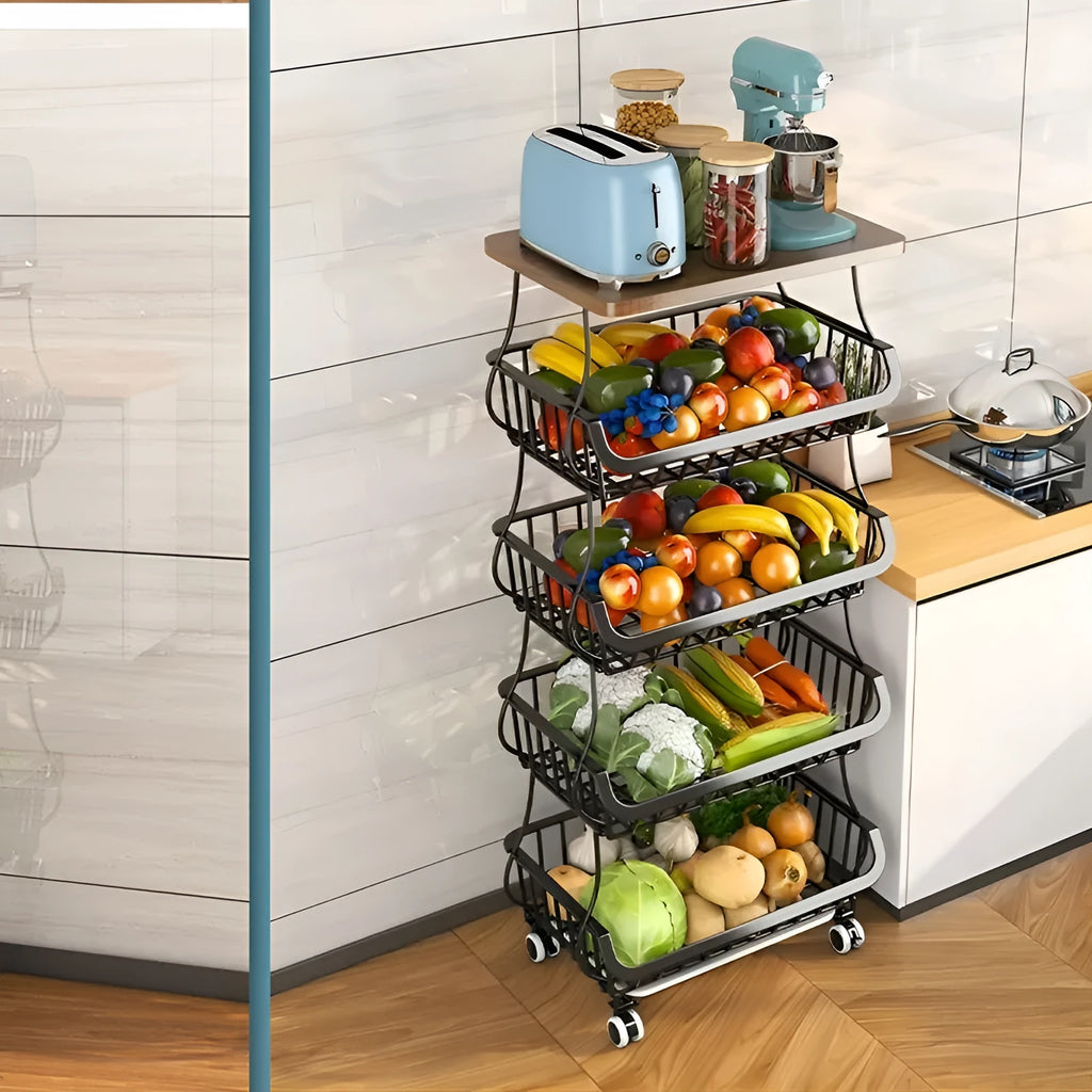 Black six-layer freestanding kitchen storage trolley with carbon steel frame