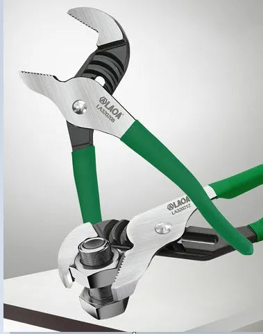 8 inch CR-V adjustable water pipe wrench with vinyl handle and deep teeth, open jaw showing multi-gear mechanism