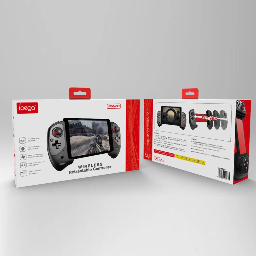 Red telescopic Bluetooth gamepad for mobile and PC with USB cable.