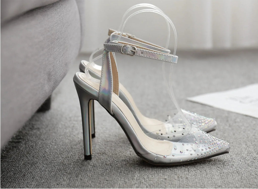 Women's pointed toe stiletto sandals with diamond decorations on PVC upper