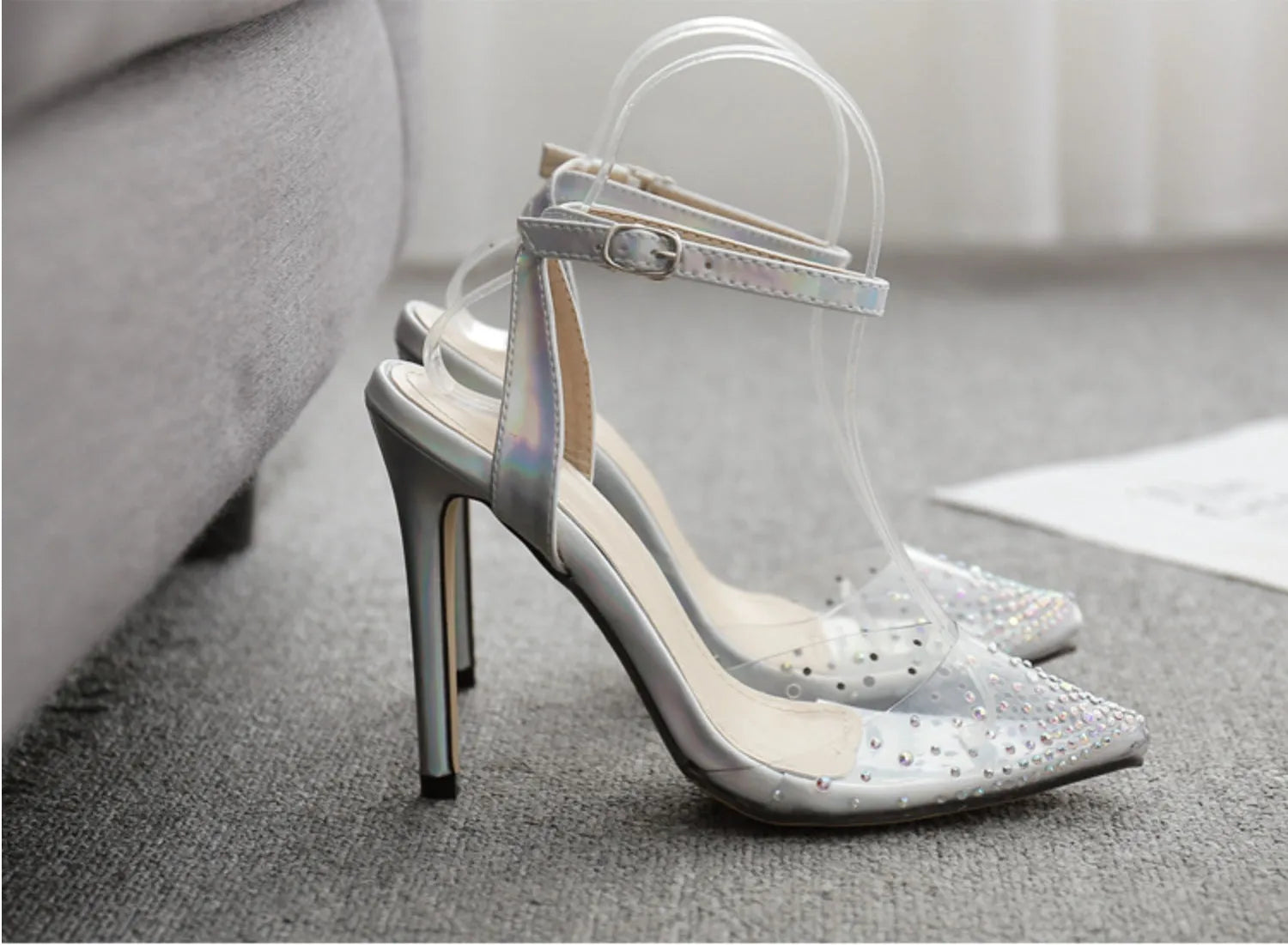Women's pointed toe stiletto sandals with diamond decorations on PVC upper