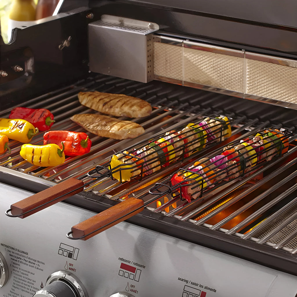 BBQ grill mesh basket with wood handle and rotary lid on outdoor grill