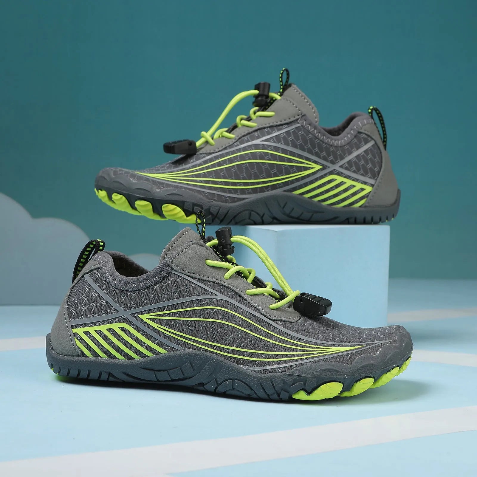 Children's quick-dry water shoes with rubber soles shown in multiple colours for beach and outdoor use