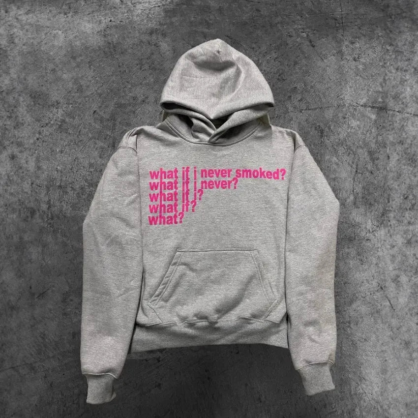 Letter print heavy hooded sweater pullover in black, front view, with hooded collar and figure pattern