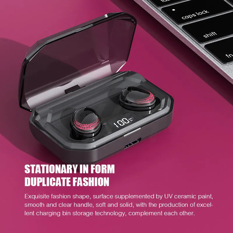 Black X10 Bluetooth wireless headset and its compact charging case on a white background.