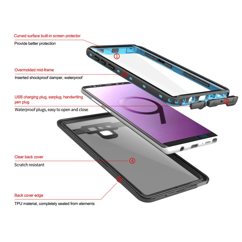 Samsung Galaxy waterproof shockproof phone case with transparent tempered glass back showing IP68 protection in sporty design