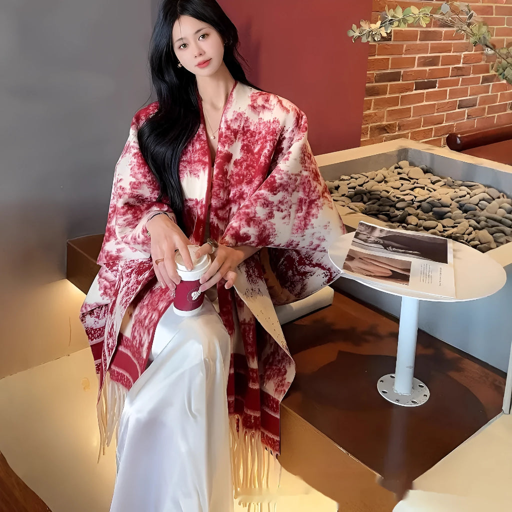 Women's polyester tassel scarf cape draped over shoulders in casual shawl style