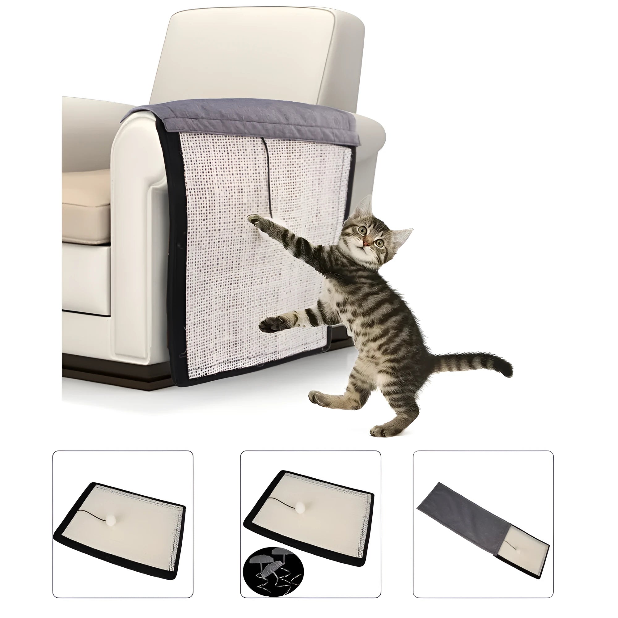 Beige cat scratch board sisal pad on sofa armrest for furniture protection, handrail style