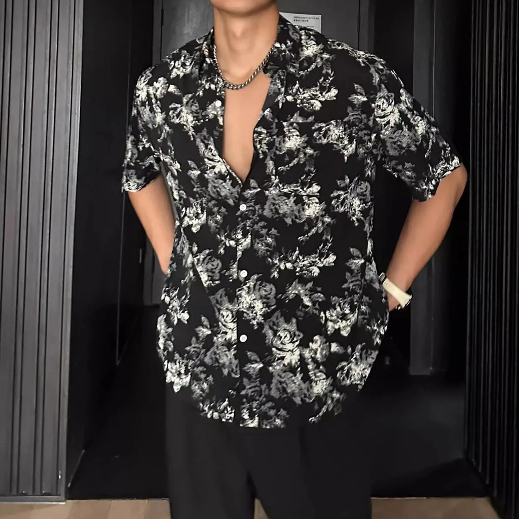 Men's loose casual short sleeve shirt with floral pattern in black or white colours