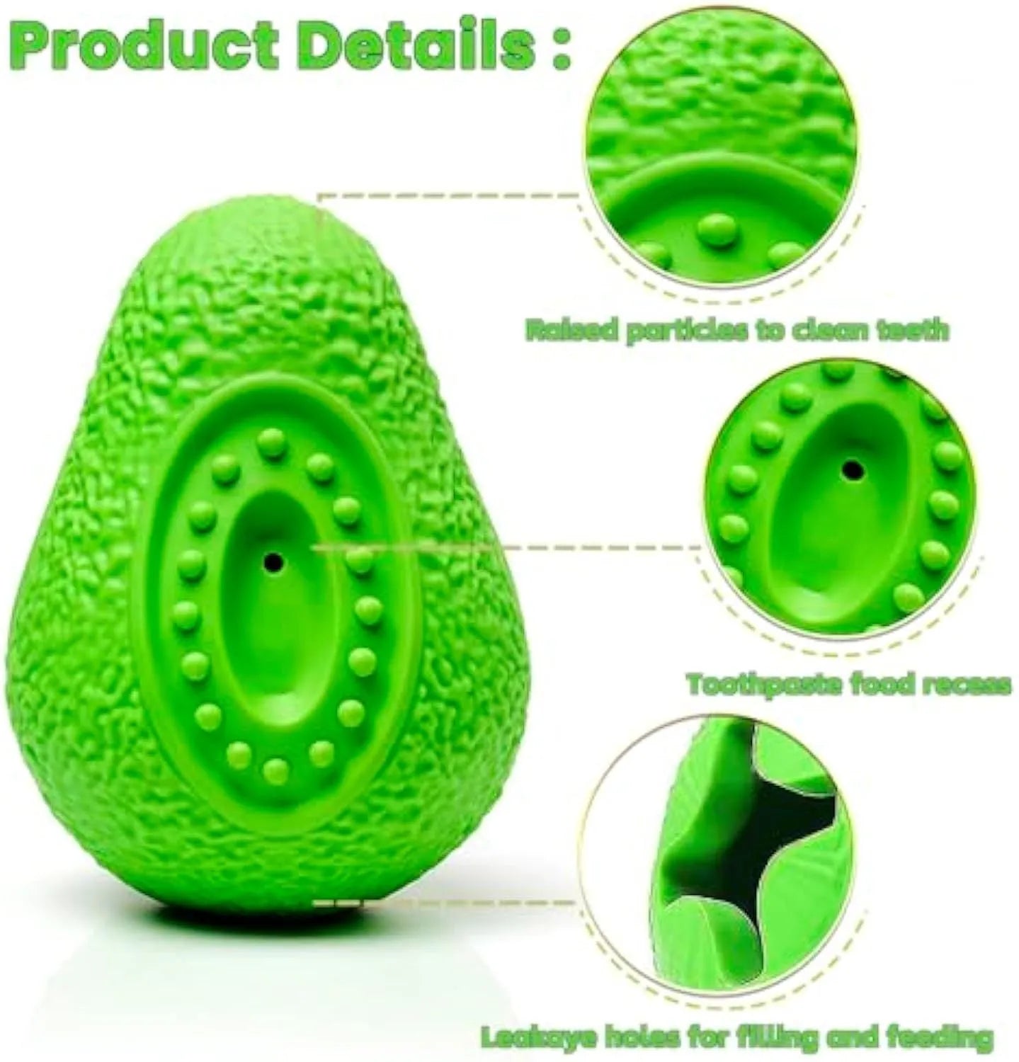 Green natural rubber dog chew toy with avocado shape and hollow food cavity