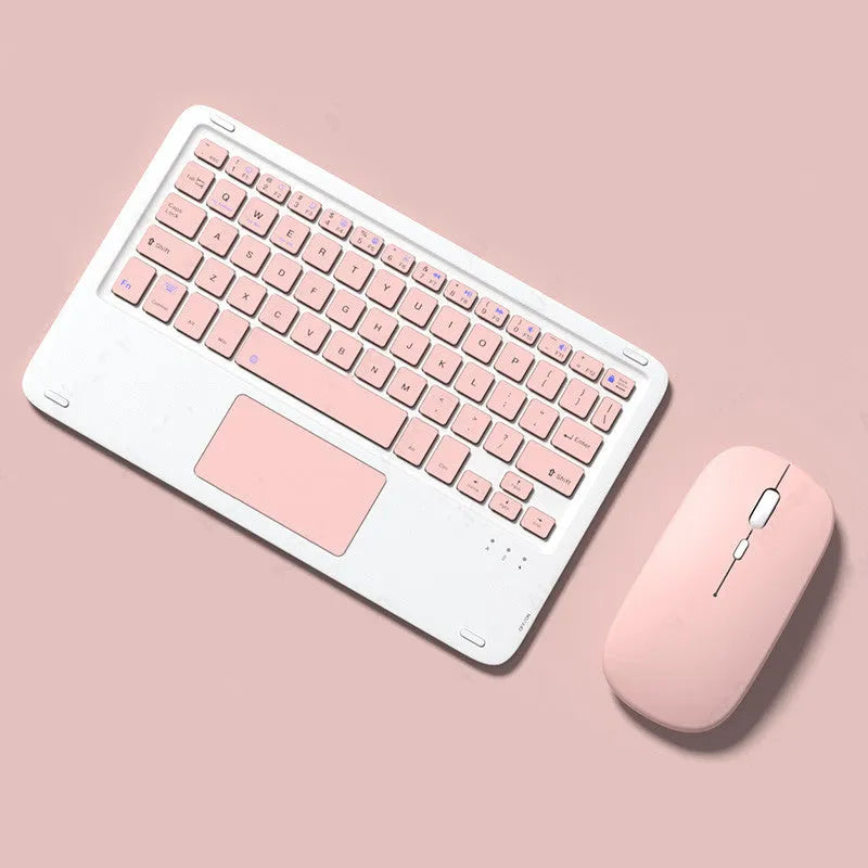 Bluetooth wireless keyboard and dual-mode rechargeable mouse set in pink colour on a desk.