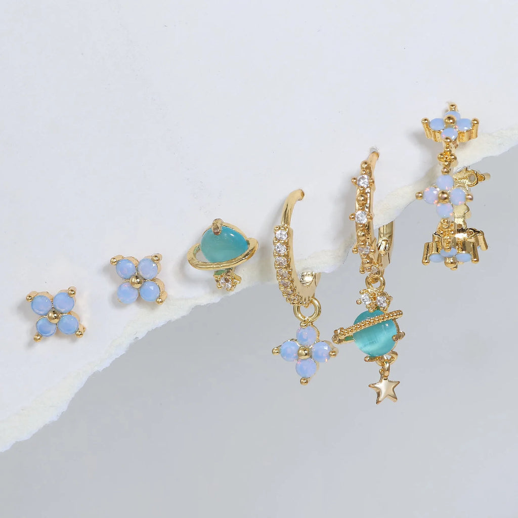 Gold and silver flower ear studs with zircon mosaic geometric Japanese Korean style design