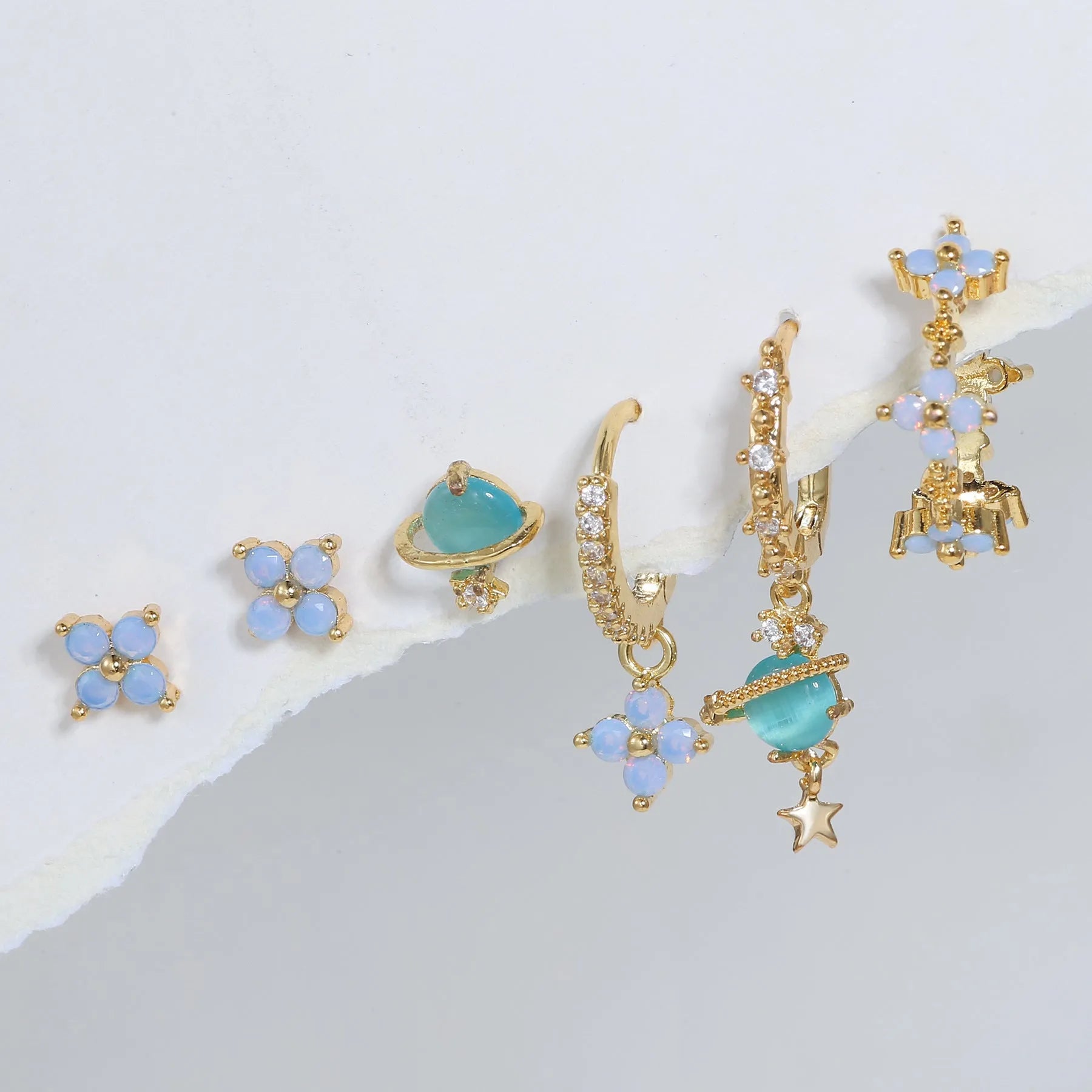 Gold and silver flower ear studs with zircon mosaic geometric Japanese Korean style design