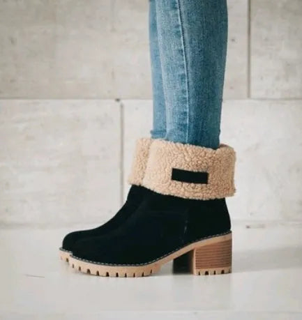 Women's mid-tube suede snow boots with thick construction and flat heel in multiple colour options