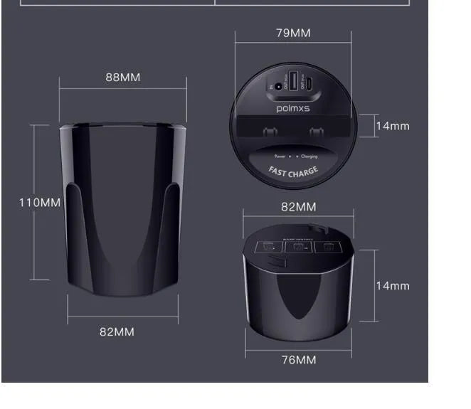 X9 car wireless charging cup in black with LED indicator and QI charging pad
