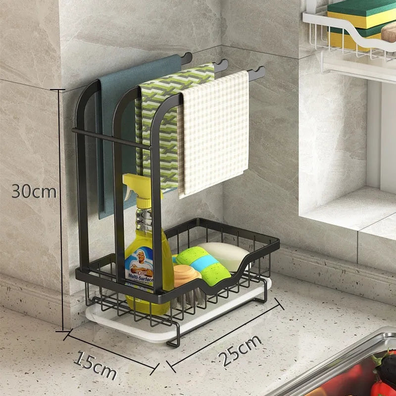 Foldable white plastic storage rack for draining kitchen cloths, shown in wall-mounted and desktop positions.