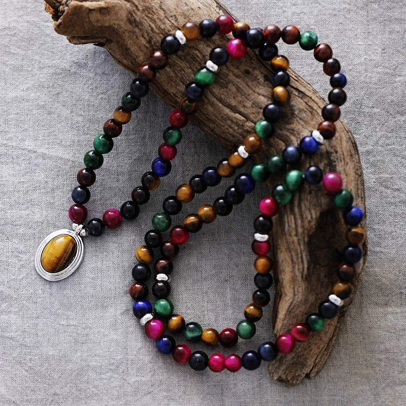 Natural tiger-eye 108 bead pendant necklace bracelet on ball bead chain with mixed-gem inlay featuring wings, crown and infinity symbol