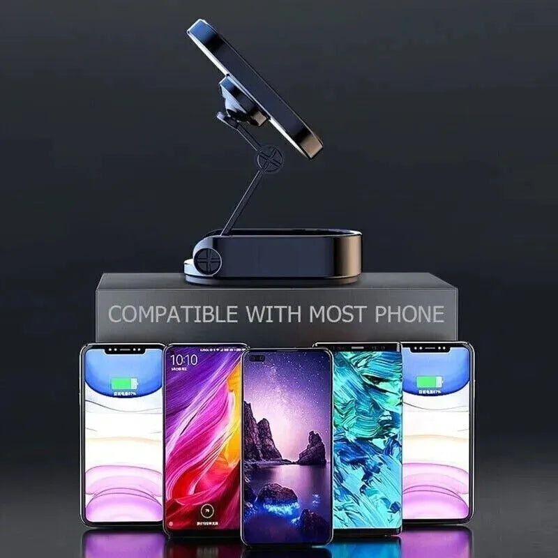 Stainless steel magnetic car phone holder showing folded and extended positions