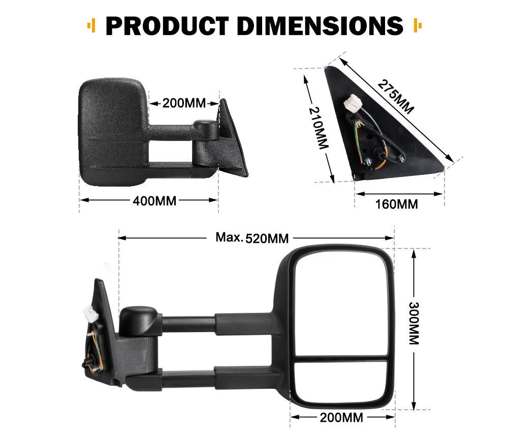 Pair of black plastic foldable rearview mirrors for Toyota Land Cruiser 100 1998-2007 for trailer use