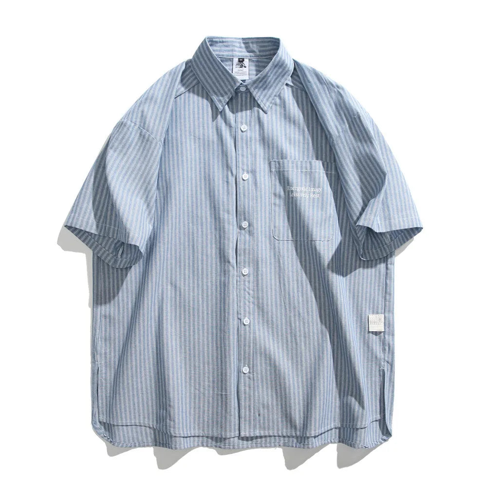 Blue and white striped loose-fit short-sleeved overalls shirt on a hanger