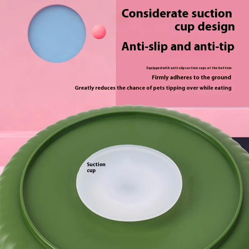 Pet slow feeder bowl with rotating game board showing anti-choke silicone pad in multiple colour options
