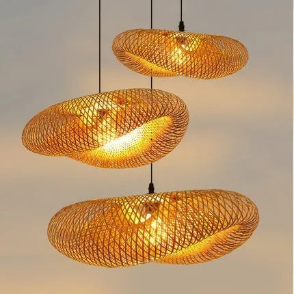 Bamboo woven hanging lamp with straw hat shape in natural rattan material