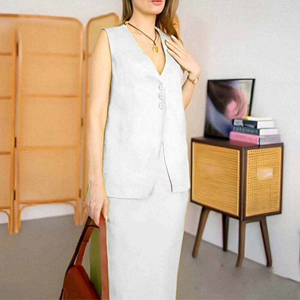 Blue loose-fitting sleeveless vest and long skirt two-piece casual suit set on a model