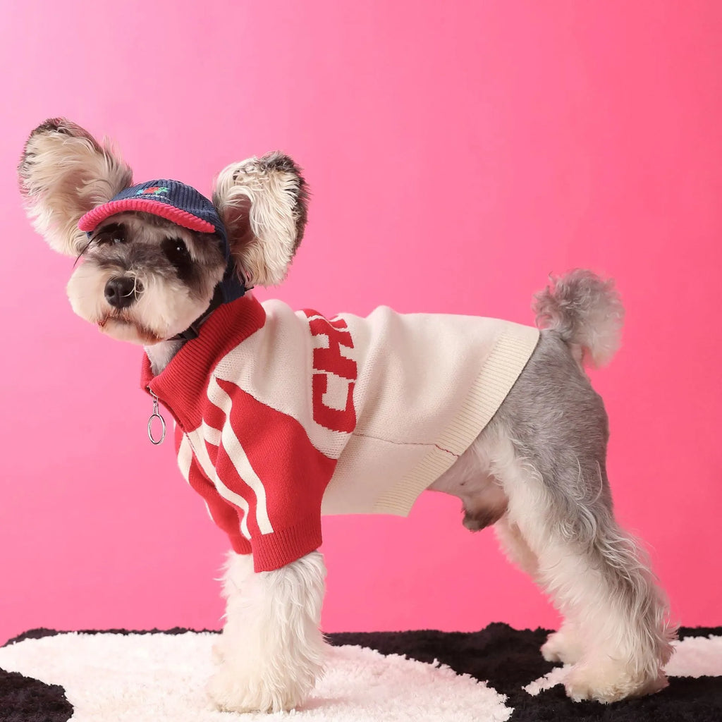 Red wool puppy dog sports sweater cardigan on white background, size S to XXL available