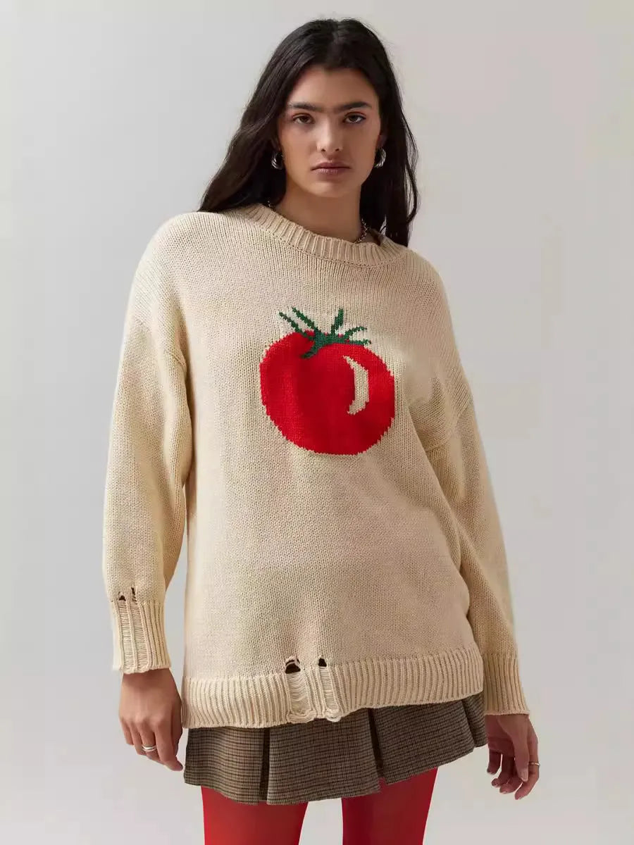 Women's loose-fitting milky white acrylic Jacquard knit sweater with round neck and long sleeves.