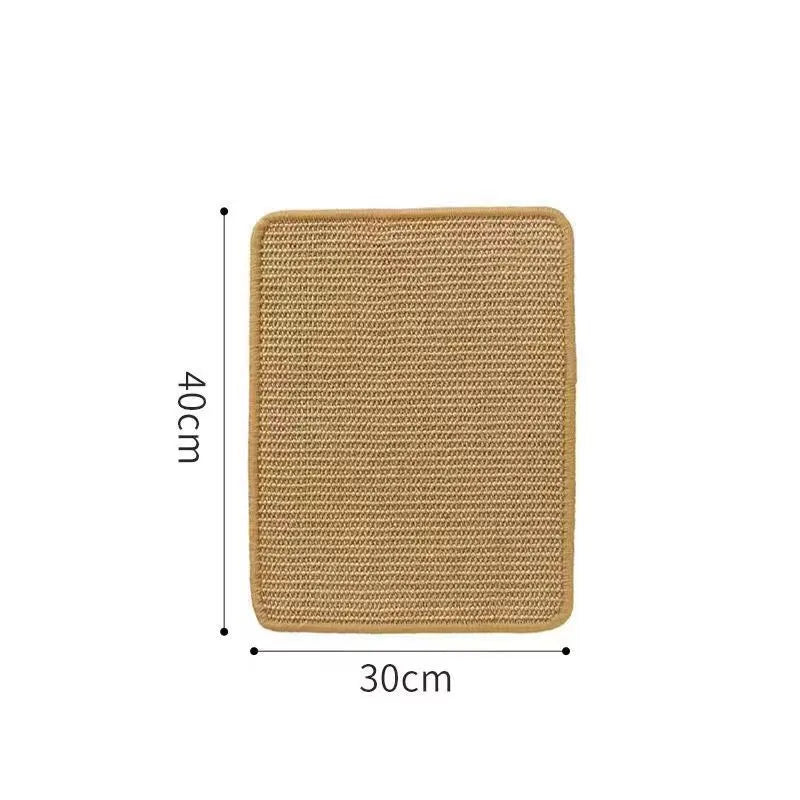 Beige sisal cat scratch board on a wooden floor.