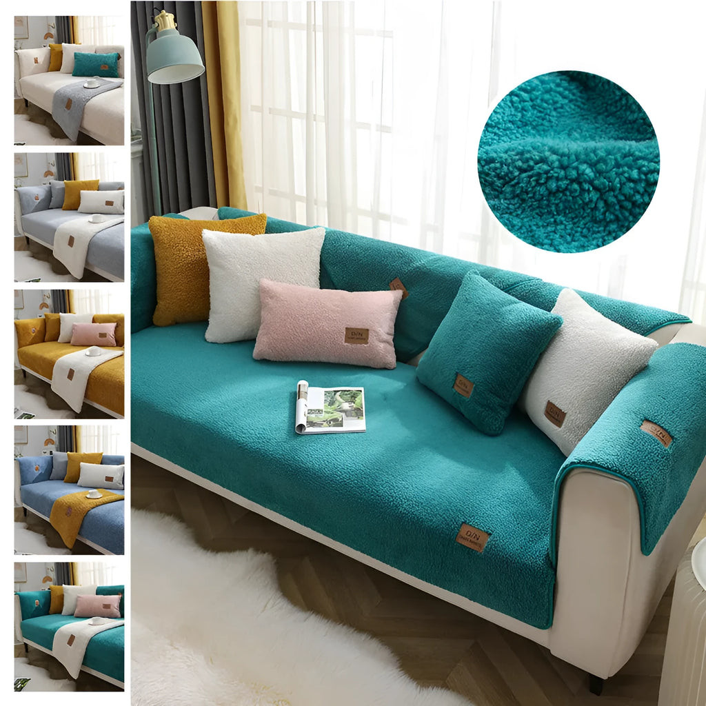 Modern solid colour thicken plush sofa cover with anti-slip backing, lamb velvet texture, beige colour