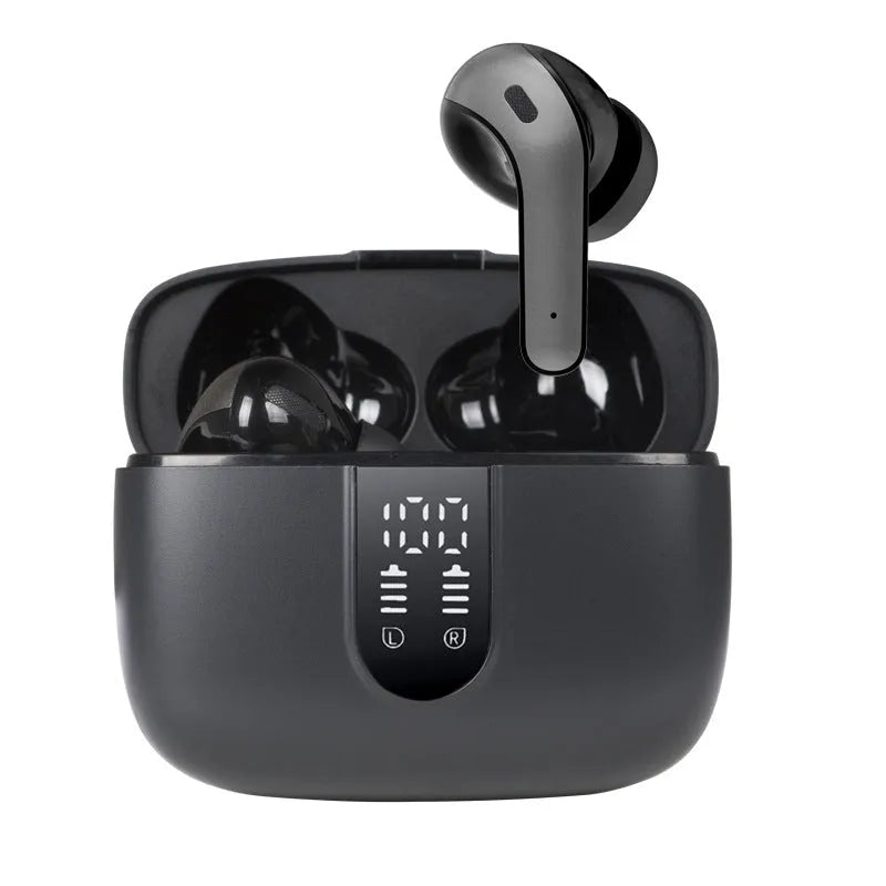 Jerry X08 wireless Bluetooth headset with digital display and charging box in black colour