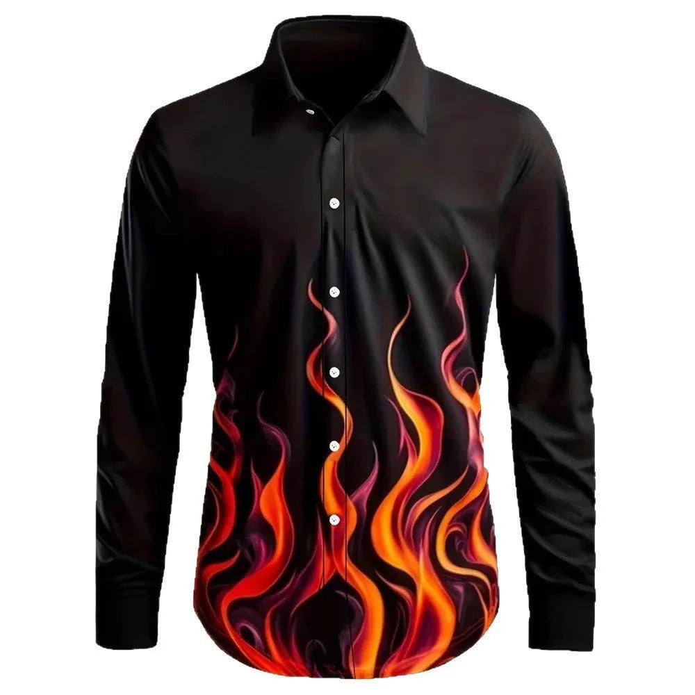 Hawaiian style men's long sleeve shirt with flower pattern, loose fit, polyester fabric