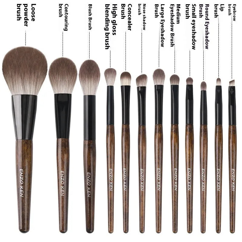 12-piece makeup brush set with wooden handles in portable PU storage bag