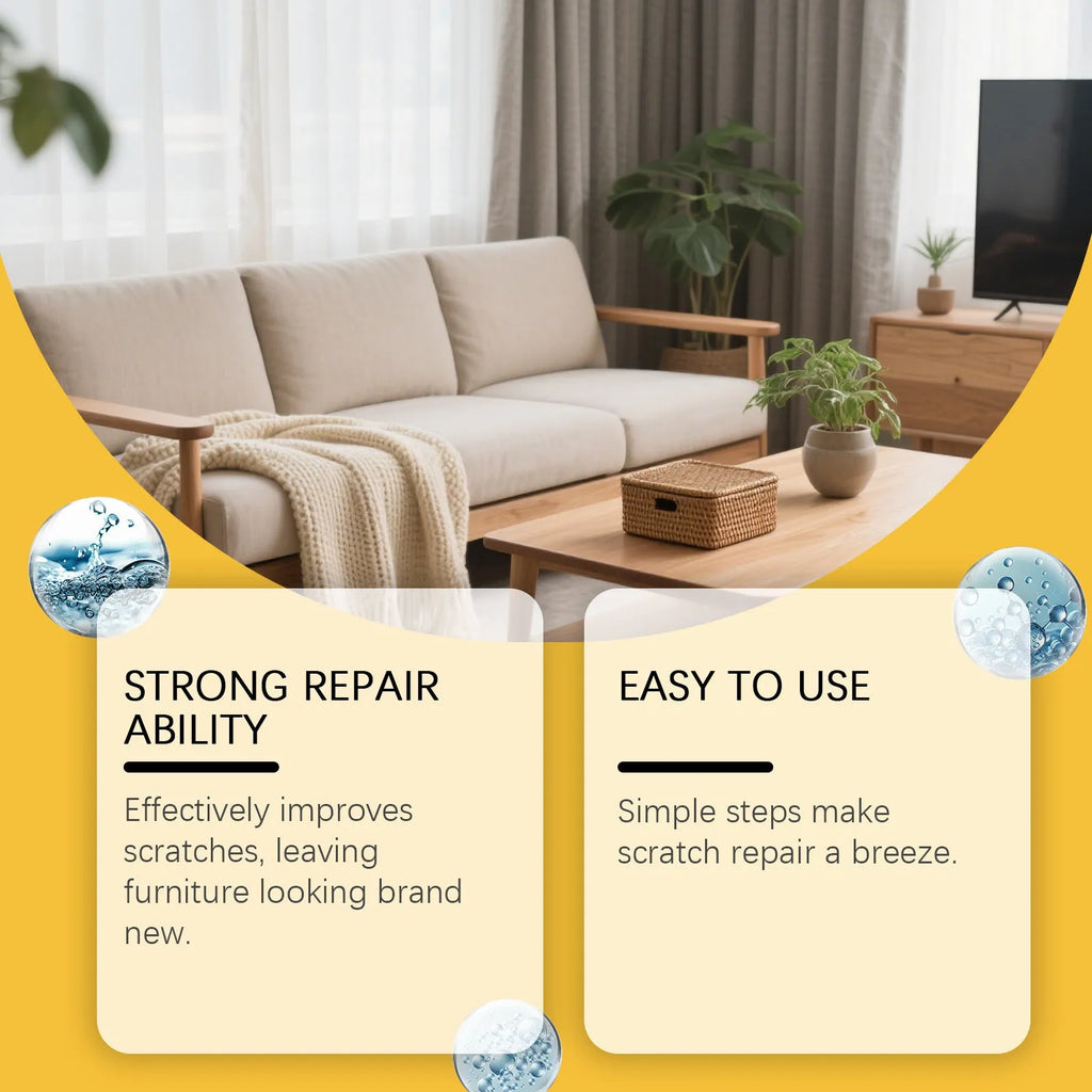 Wood furniture scratch care agent kit showing 100ml bottle and microfiber cloth for wooden surface maintenance