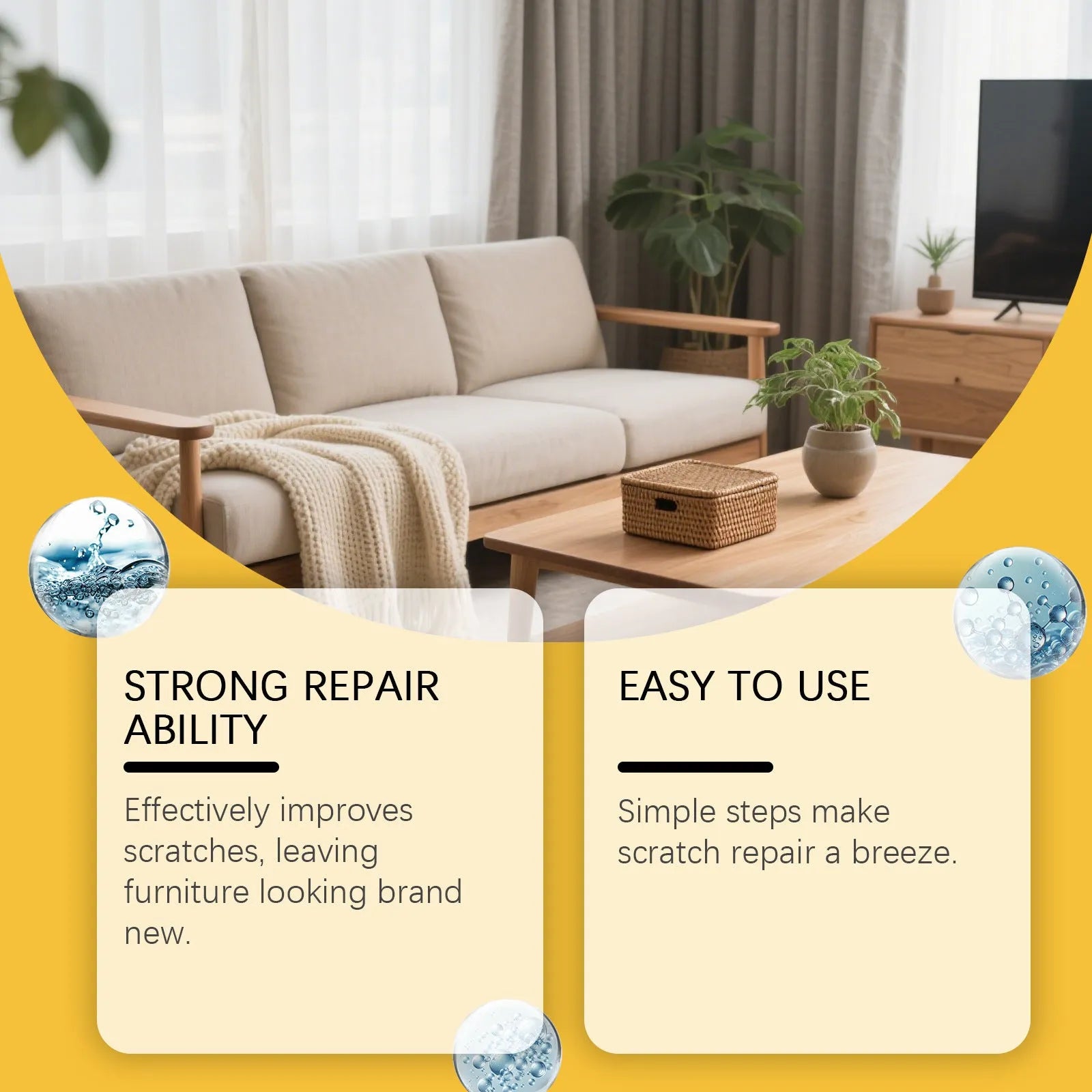 Wood furniture scratch care agent kit showing 100ml bottle and microfiber cloth for wooden surface maintenance