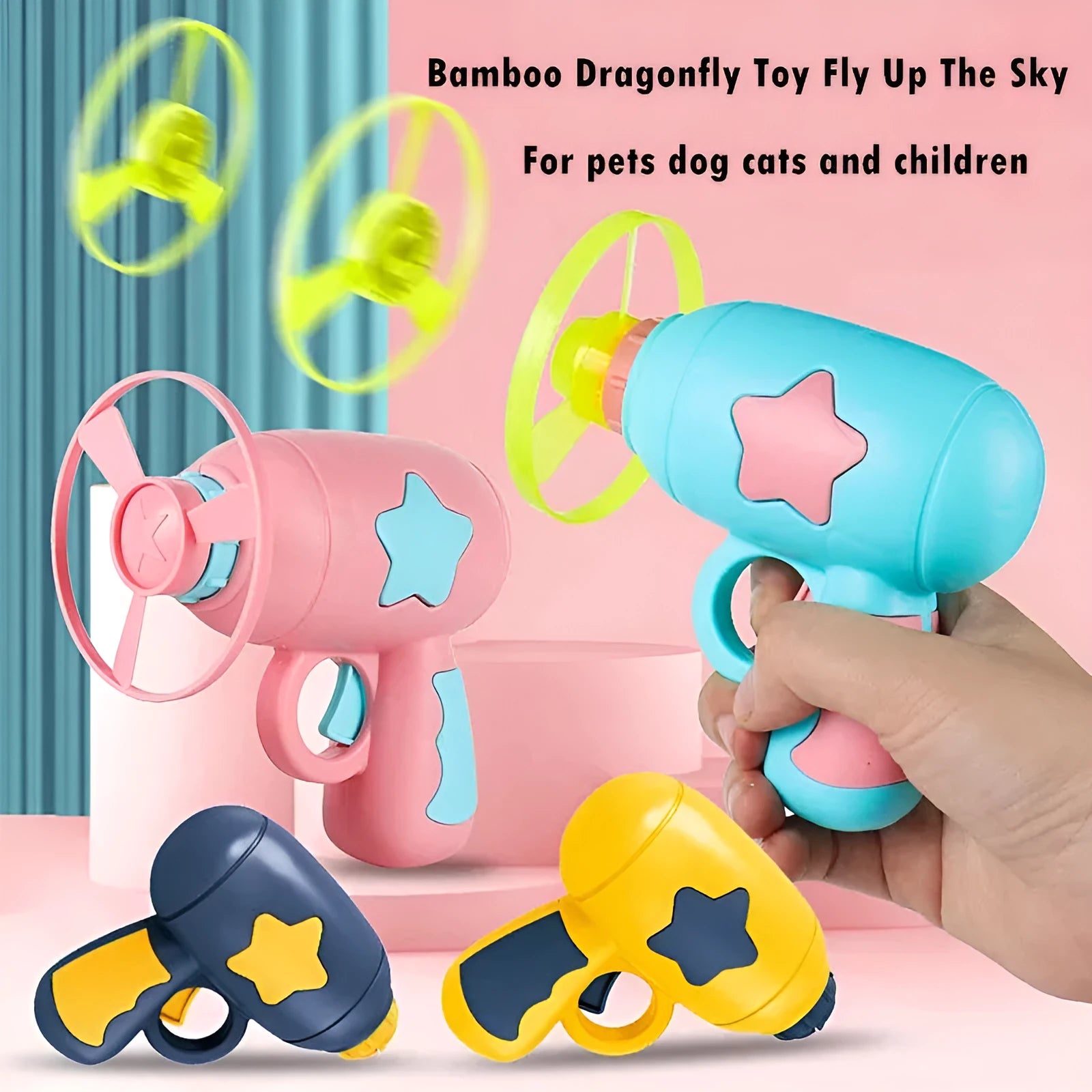 Flying saucer launcher toy with three blue flashing LED discs and target board on blister card