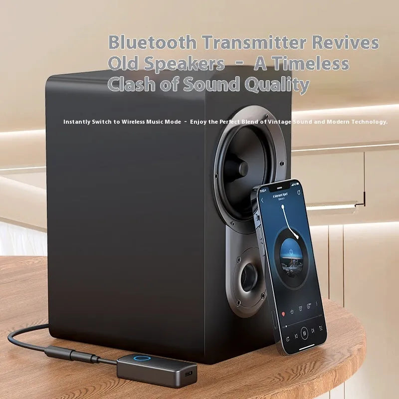 Black Bluetooth 5.4 audio adapter with flexible 3.5mm aux plug for wireless car and home audio connectivity